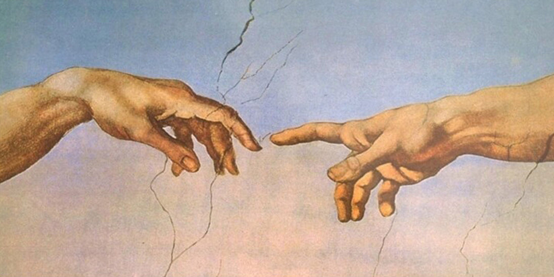 Diamond Painting mit zwei sich beinahe berührenden Händen aus Michelangelos Erschaffung Adams.