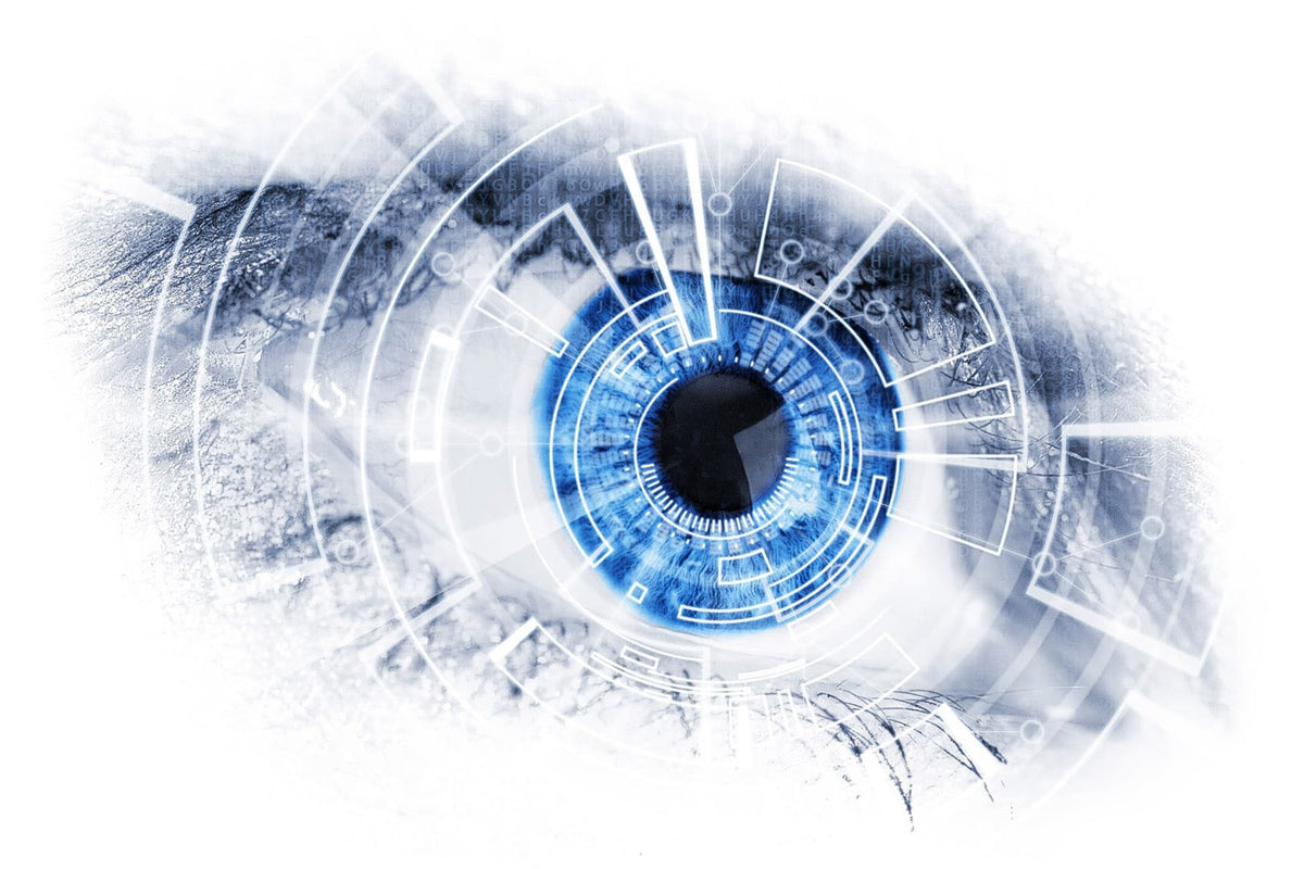 Diamond Painting eines blauen menschlichen Auges mit digitalen HUD-Einblendungen und technischen Grafiken. 