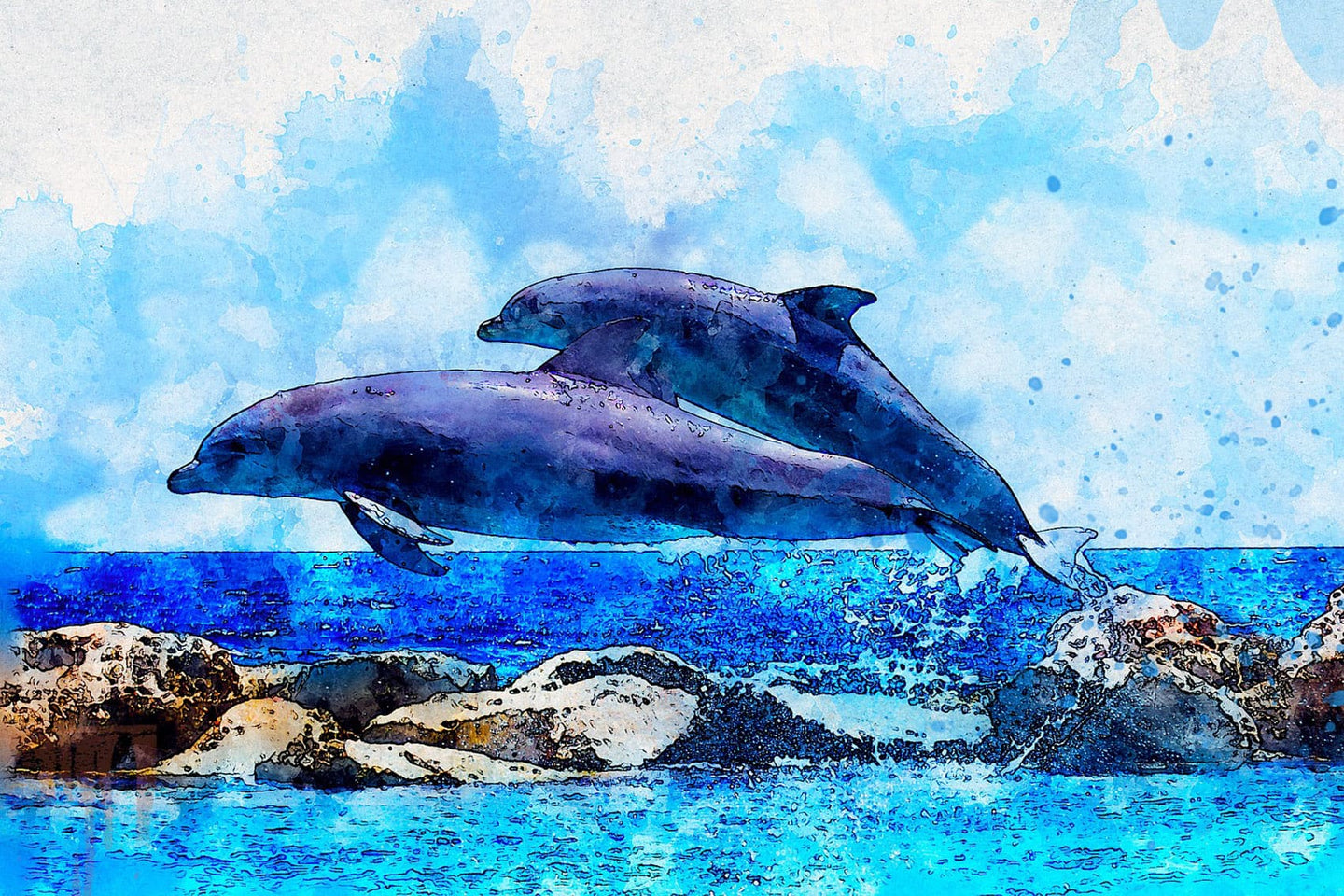 Diamond Painting von zwei Delfinen im Aquarell-Stil mit blauen Farbspritzern auf hellem Grund. 