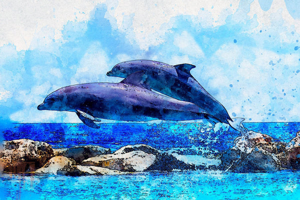 Diamond Painting von zwei Delfinen im Aquarell-Stil mit blauen Farbspritzern auf hellem Grund. 