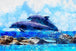 Diamond Painting von zwei Delfinen im Aquarell-Stil mit blauen Farbspritzern auf hellem Grund. 