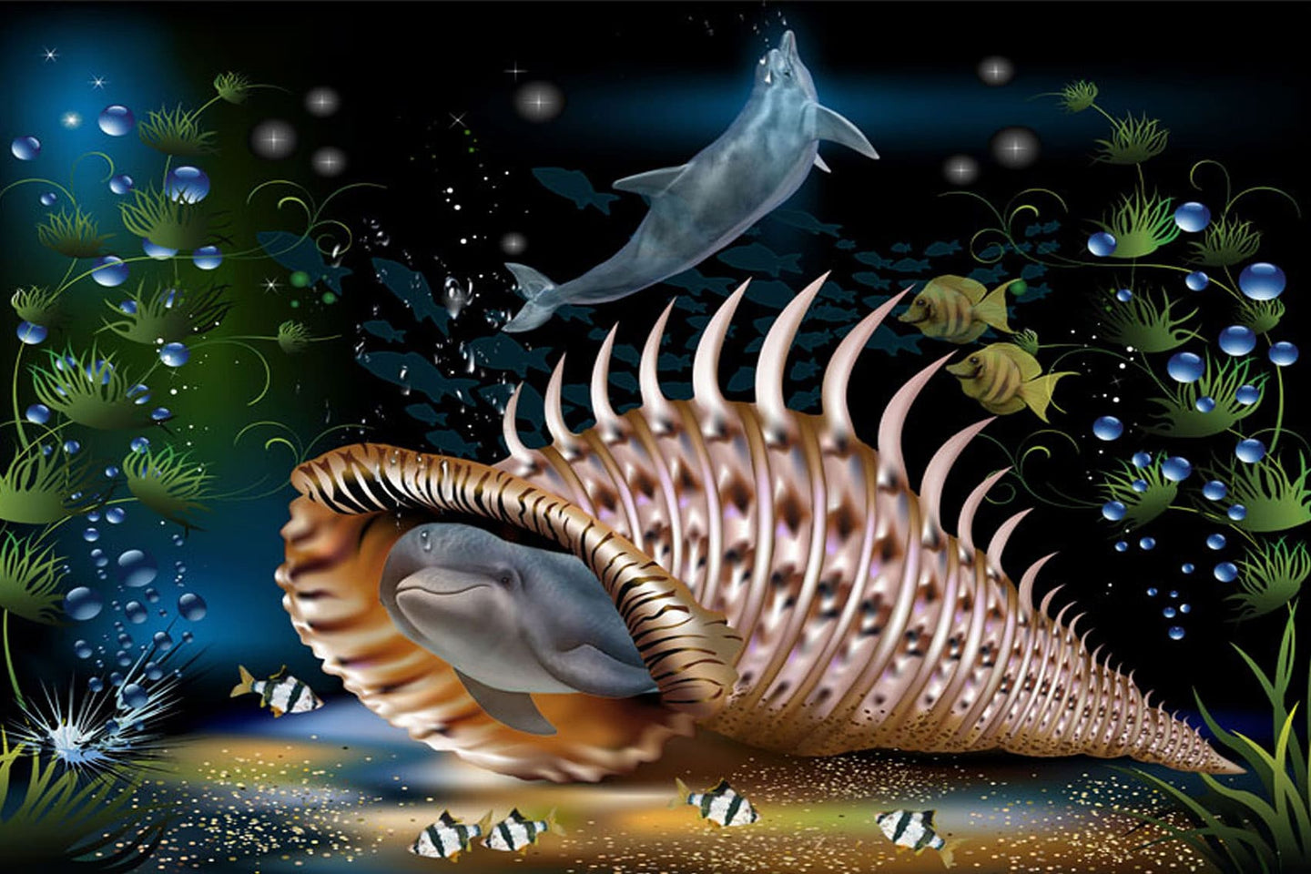 Diamond Painting eines Delfins, der in einer großen Muschel am Meeresgrund lebt, umgeben von Fischen. 