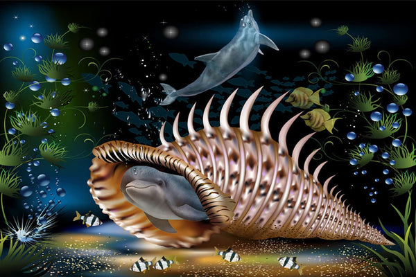 Diamond Painting eines Delfins, der in einer großen Muschel am Meeresgrund lebt, umgeben von Fischen. 