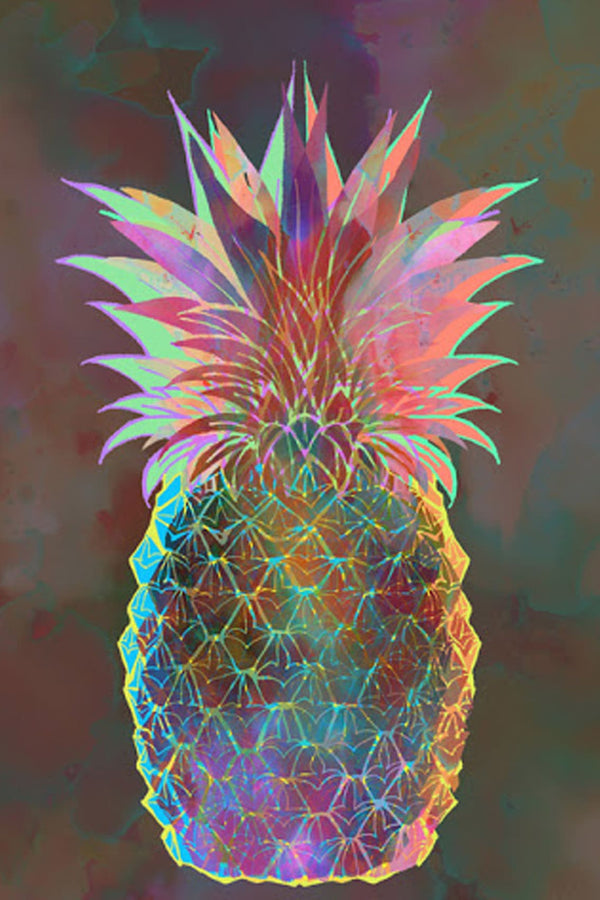 Diamond Painting mit farbiger Ananas in geometrischem Pop-Art-Stil vor dunklem Hintergrund.