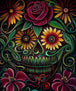 Diamond Painting eines mit Sonnenblumen und Rosen verzierten Totenkopfes im mexikanischen Stil mit grünen Blattranken. 
