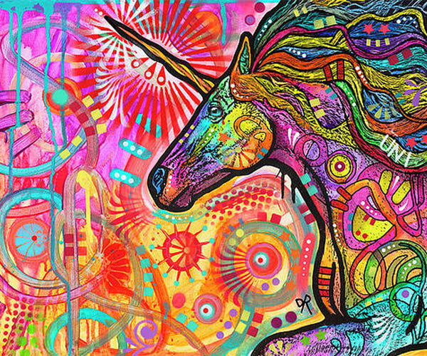 Buntes Diamond Painting eines Einhorns im Pop-Art-Stil mit neonfarbenen Mustern und abstrakten Kreisen. 
