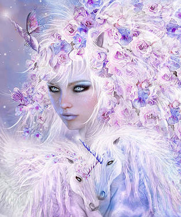 Diamond Painting einer Frau mit Blumen im Haar, die zwei kleine weiße Einhörner im Arm hält. 
