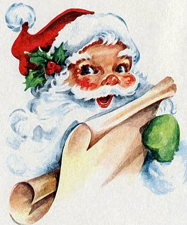 Diamond Painting des Weihnachtsmanns mit weißem Bart und roter Mütze, der eine Schriftrolle in den Händen hält. 
