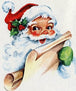 Diamond painting of Santa Claus with a white beard and red hat, holding a scroll in his hands. 
