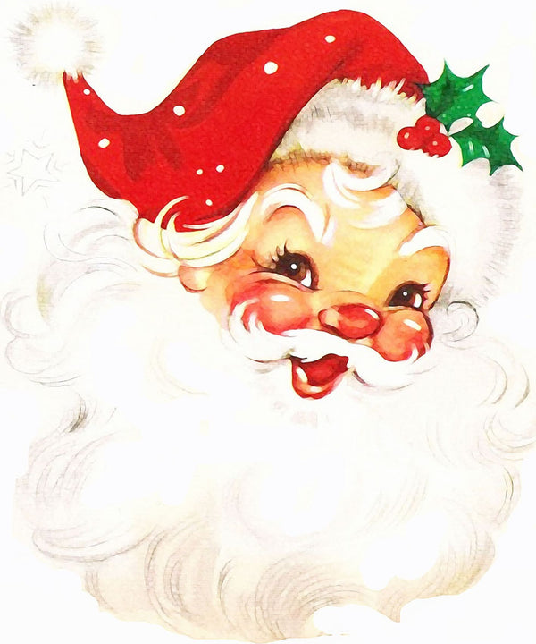 Diamond Painting eines lachenden Weihnachtsmanns im Profil mit roter Mütze und weißem lockigem Bart. 
