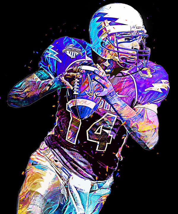 Abstraktes Diamond Painting eines Football-Spielers in bunten Neonfarben auf schwarzem Hintergrund. 
