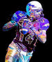 Abstraktes Diamond Painting eines Football-Spielers in bunten Neonfarben auf schwarzem Hintergrund. 
