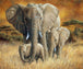 Diamond Painting einer Elefantenfamilie mit zwei Jungen in der afrikanischen Steppe bei Sonnenuntergang. 