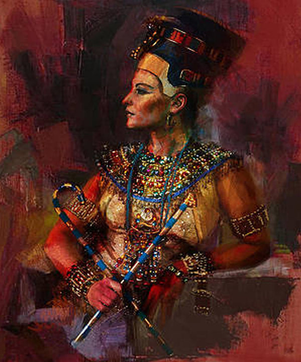 Diamond Painting der Königin Nefertiti mit prachtvollem Schmuck und Krone vor rötlichem Hintergrund. 
