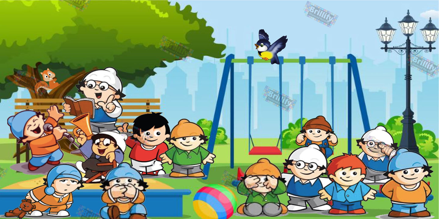 Diamond Painting kleiner Cartoon-Wichtel beim Spielen auf einem bunten Spielplatz mit Schaukel und Baum.