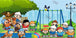 Diamond Painting kleiner Cartoon-Wichtel beim Spielen auf einem bunten Spielplatz mit Schaukel und Baum.