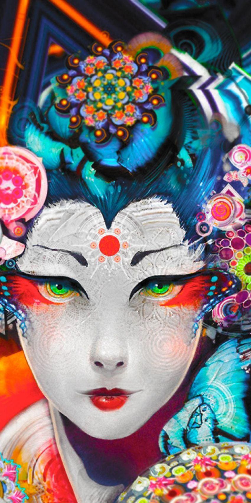 Diamond Painting Nahaufnahme einer Geisha mit bunter Kopfbedeckung und leuchtend grünen Augen.

