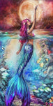 Diamond Painting einer Meerjungfrau unter Wasser mit bunten Korallen und einem Vollmond am Himmel.