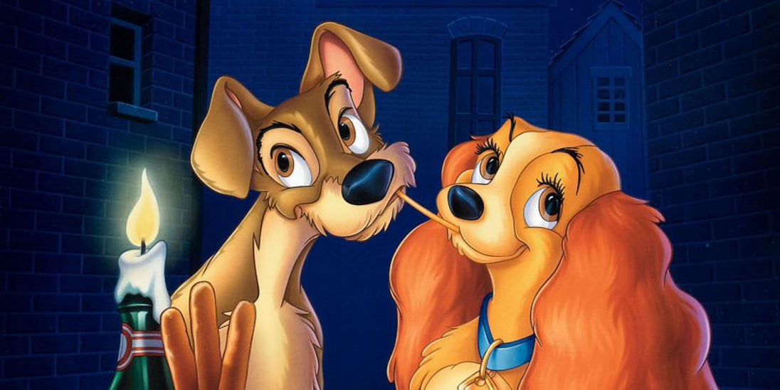 Diamond Painting der berühmten Spaghetti-Szene mit Susi und Strolchi bei Kerzenschein.
