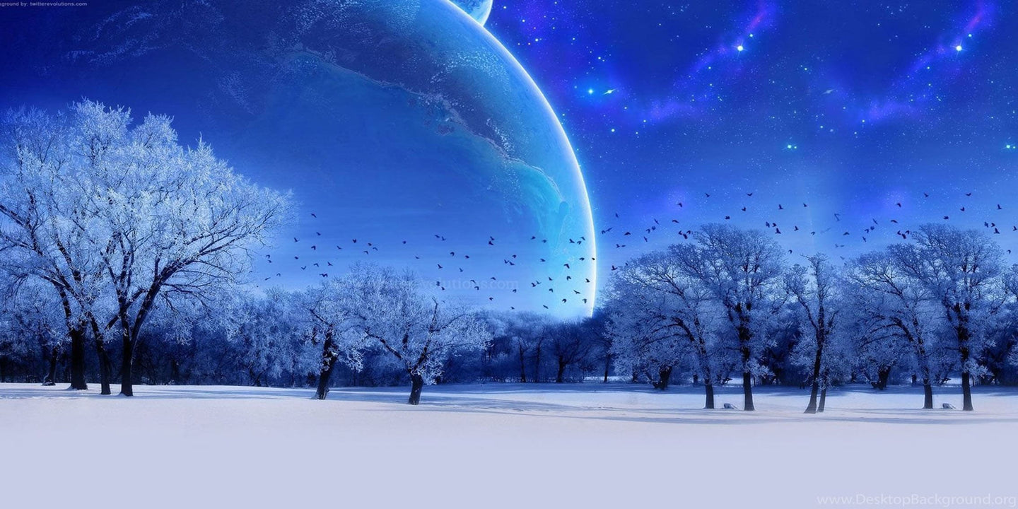 Diamond Painting einer verschneiten Winterlandschaft mit Vögeln vor einem riesigen Planeten am Nachthimmel.
