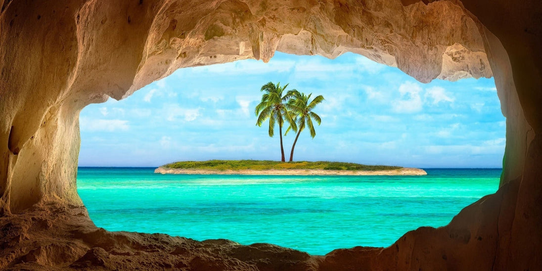 Diamond Painting mit tropischer Insel, Palmen, türkisfarbenem Meer und Felsenhöhle.