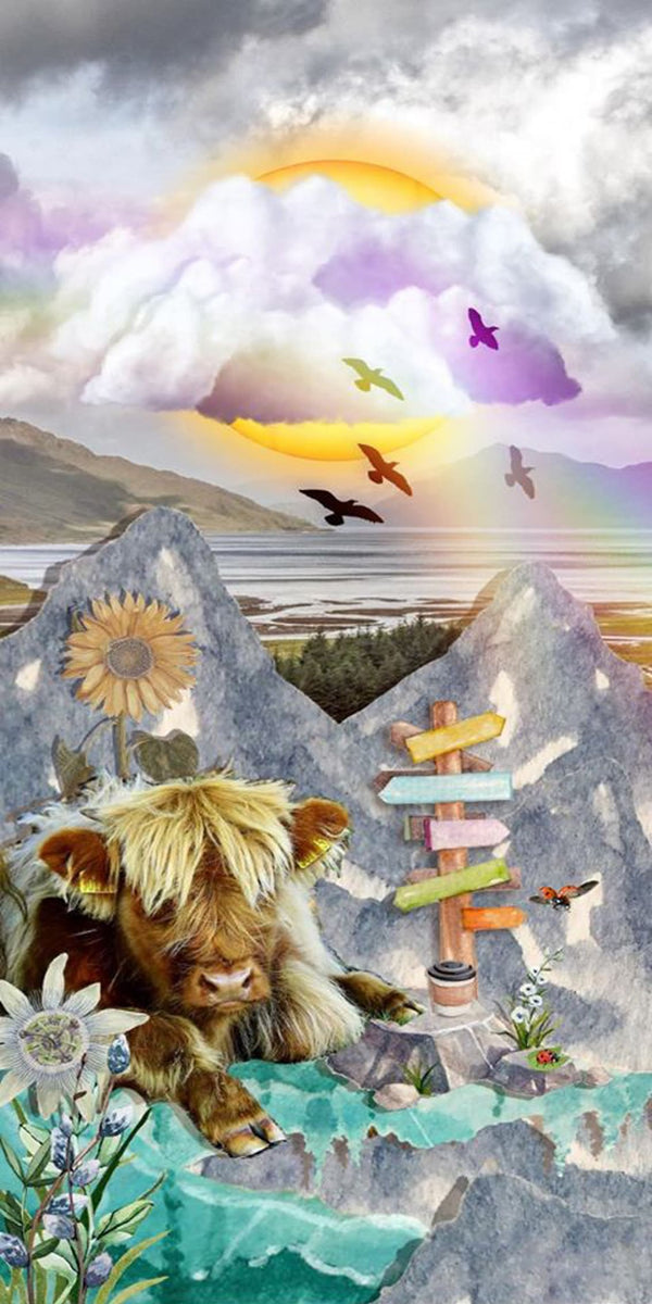 Diamond Painting eines zotteligen Hochlandrinds vor Bergen mit Regenbogen und Sonnenblume.
