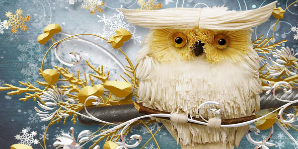 Diamond Painting einer weißen Eule auf einem Ast mit goldenen Verzierungen und Schneeflocken.

