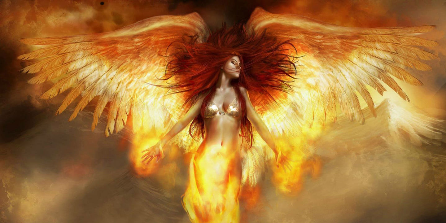 Diamond Painting einer Frau mit brennenden Flügeln, die aus Flammen emporsteigt.
