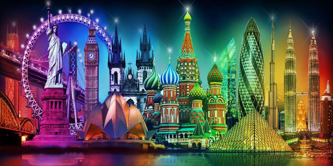 Diamond Painting einer Collage weltweiter Wahrzeichen wie Freiheitsstatue und Big Ben in bunten Farben.
