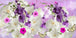 Diamond Painting mit weißen und violetten Orchideen, rosa Blüten und Schmetterlingen auf hellem Fliederhintergrund.
