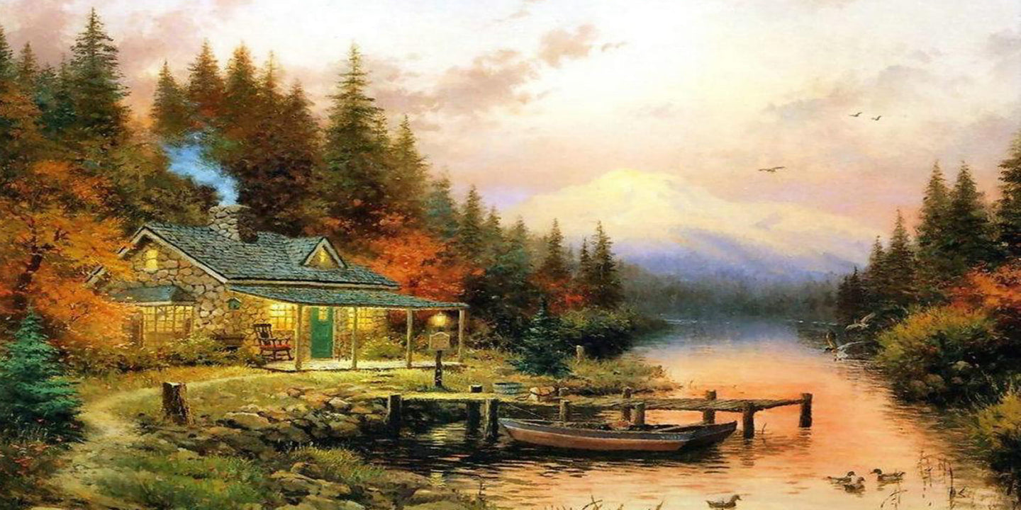 Diamond Painting mit Waldhütte am stillen See, Bootssteg, Ruderboot und herbstlichem Wald bei Sonnenuntergang.
