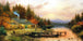 Diamond Painting mit Waldhütte am stillen See, Bootssteg, Ruderboot und herbstlichem Wald bei Sonnenuntergang.
