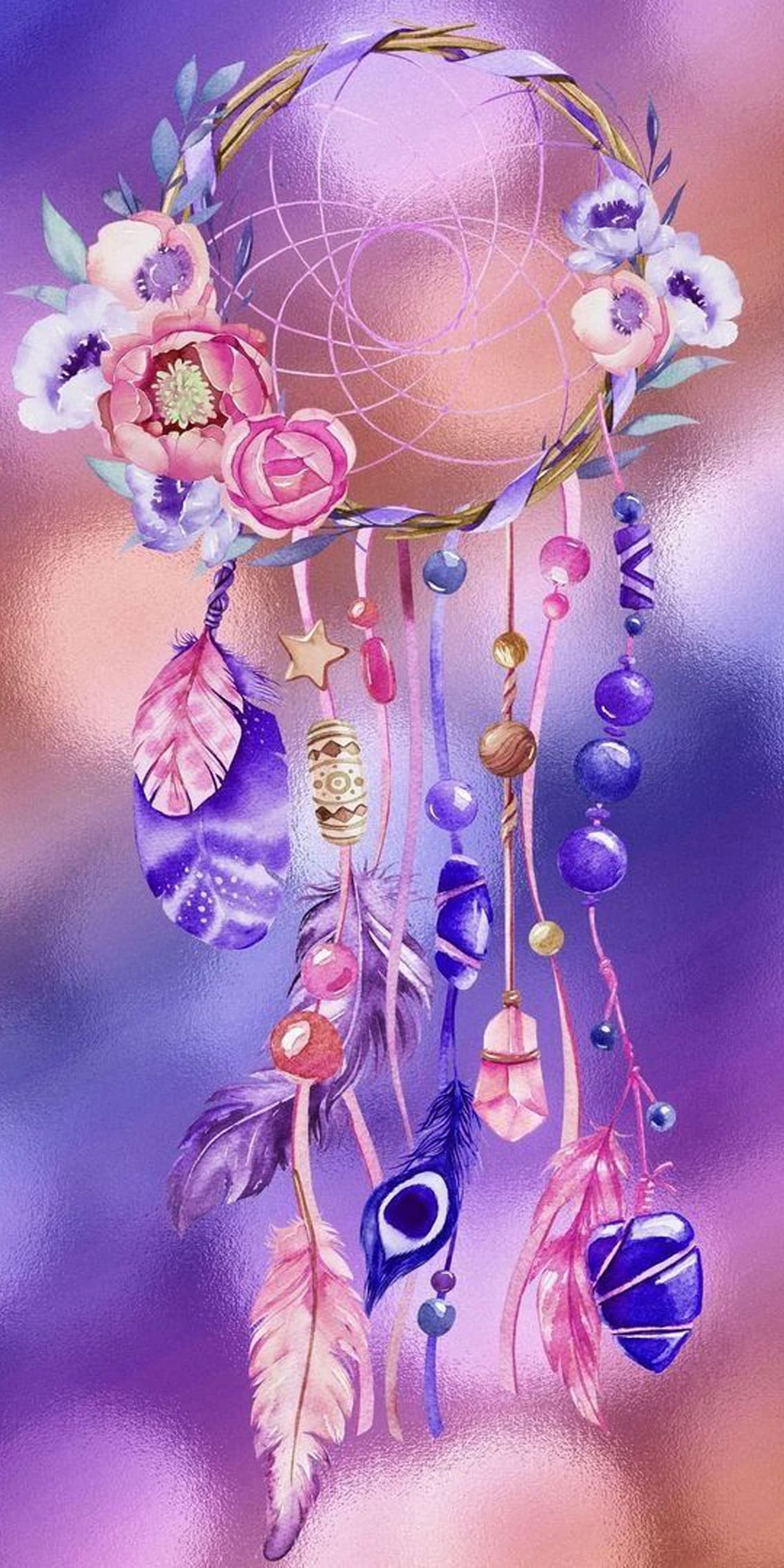 Diamond Painting mit floralem Boho Traumfänger, Federn, Perlen und Blüten in Flieder- und Rosatönen.
