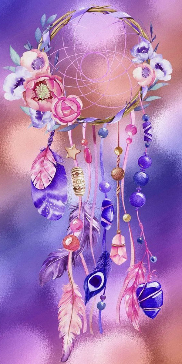 Diamond Painting mit floralem Boho Traumfänger, Federn, Perlen und Blüten in Flieder- und Rosatönen.
