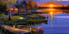 Diamond Painting mit Blockhütte am See, Bootssteg, Booten und Sonnenuntergang in herbstlicher Landschaft.
