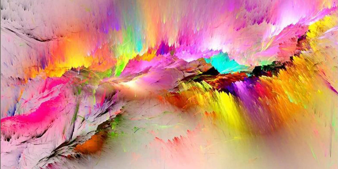 Diamond Painting einer bunten, abstrakten Farbexplosion mit pinken, gelben und blauen Strukturen.
