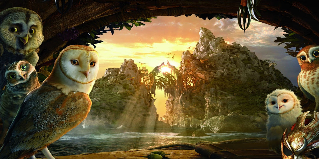 Diamond Painting mit mehreren Eulen vor leuchtender Felsenlandschaft im Fantasy-Stil.
