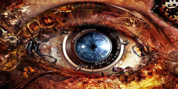 Diamond Painting mit mechanischem Steampunk-Auge, Kameraobjektiv und Zahnrädern in Kupferfarben.
