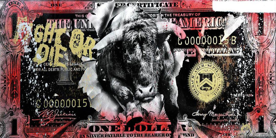 Diamond Painting mit schwarzem Bullen vor einer stilisierten Dollarbanknote im Street-Art-Design.
