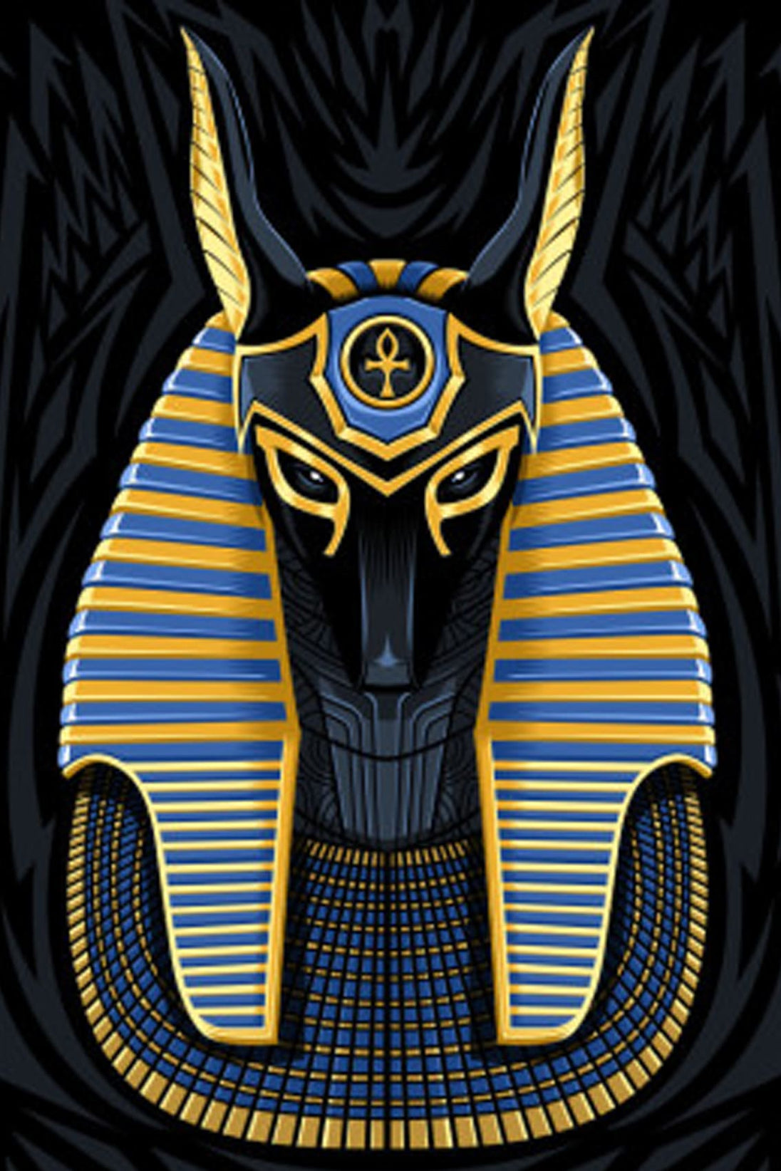 Diamond Painting Portrait des Gottes Anubis in Schwarz mit goldenem und blauem Kopfschmuck.
