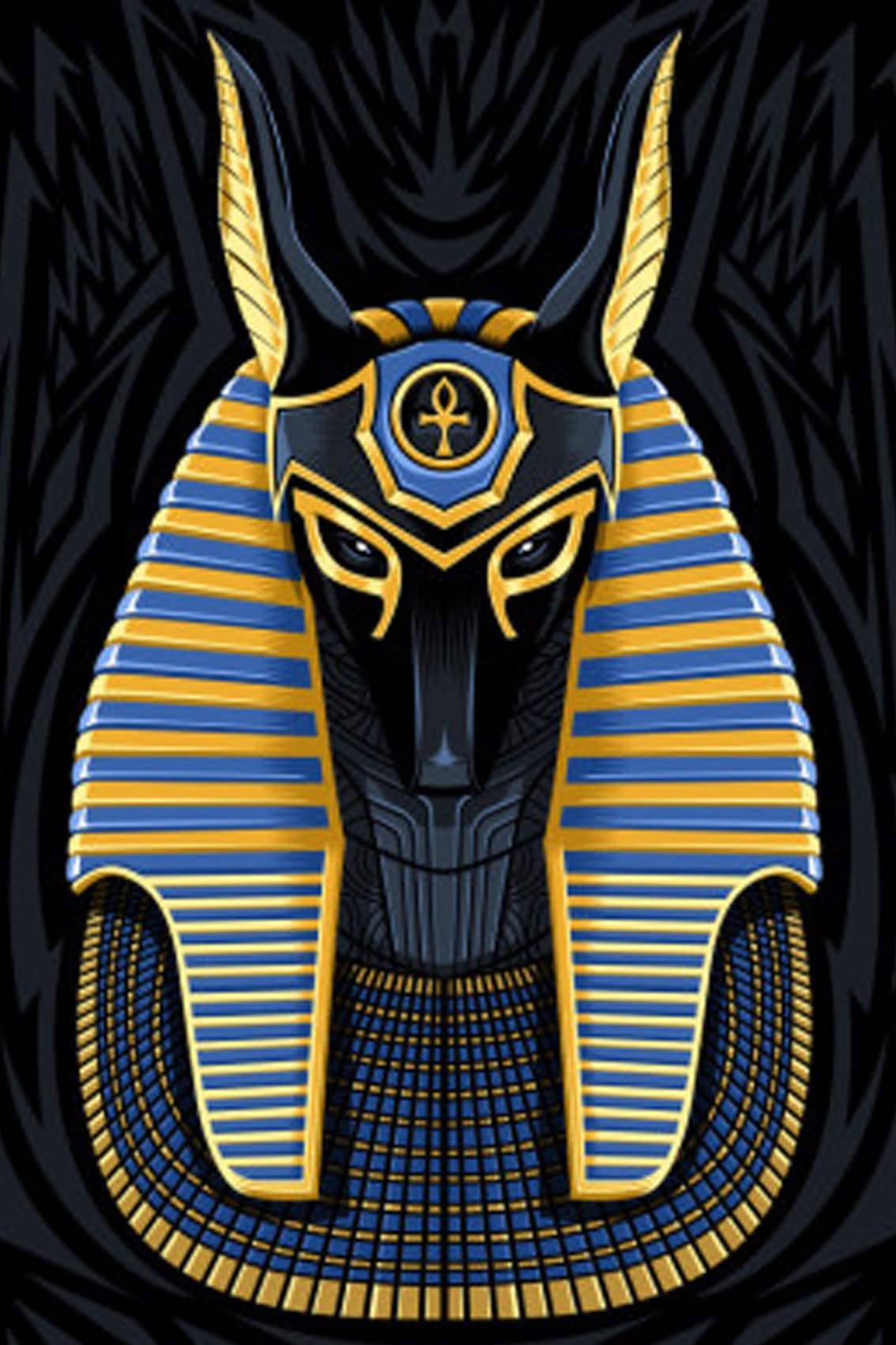 Diamond Painting Portrait des Gottes Anubis in Schwarz mit goldenem und blauem Kopfschmuck.
