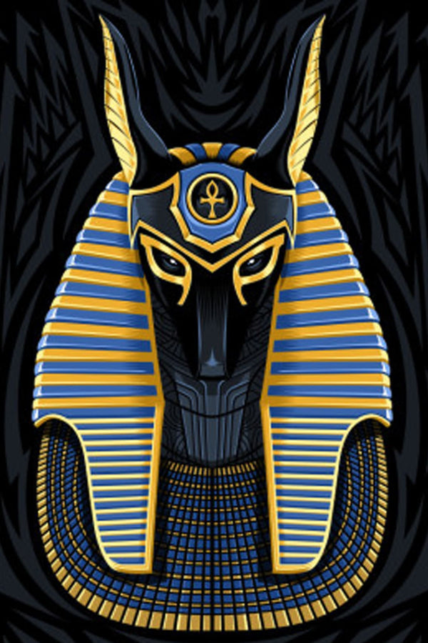 Diamond Painting Portrait des Gottes Anubis in Schwarz mit goldenem und blauem Kopfschmuck.
