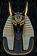 Diamond Painting Portrait des Gottes Anubis in Schwarz mit goldenem und blauem Kopfschmuck.
