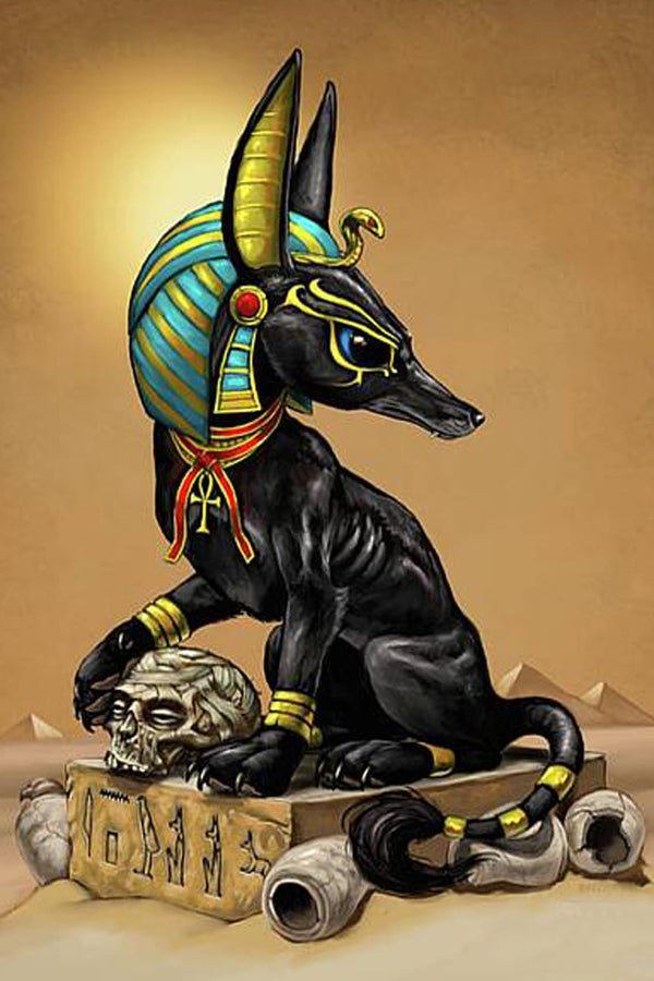 Diamond Painting eines schwarzen Anubis-Hundes mit ägyptischem Schmuck in einer Wüstenlandschaft.
