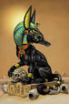 Diamond Painting eines schwarzen Anubis-Hundes mit ägyptischem Schmuck in einer Wüstenlandschaft.
