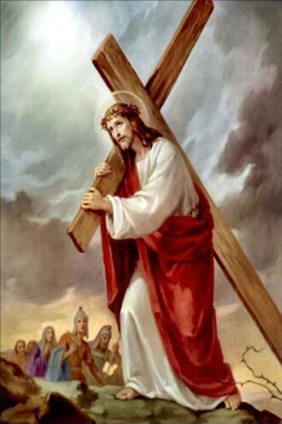 Diamond Painting Darstellung von Jesus Christus, der das schwere Holzkreuz auf dem Weg nach Golgatha trägt.
