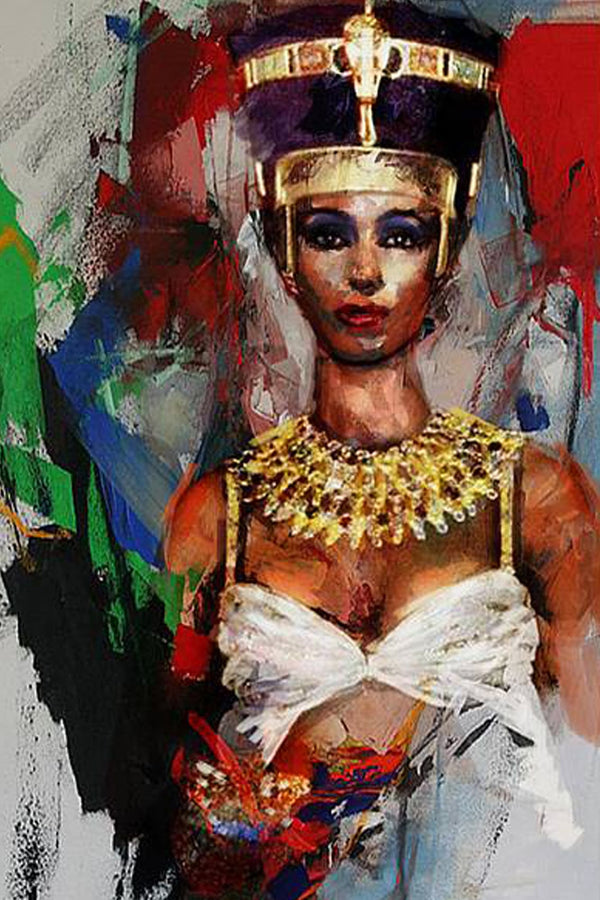 Diamond Painting Portrait der Nofretete im modernen Kunststil mit goldenem Schmuck und bunten Farben.
