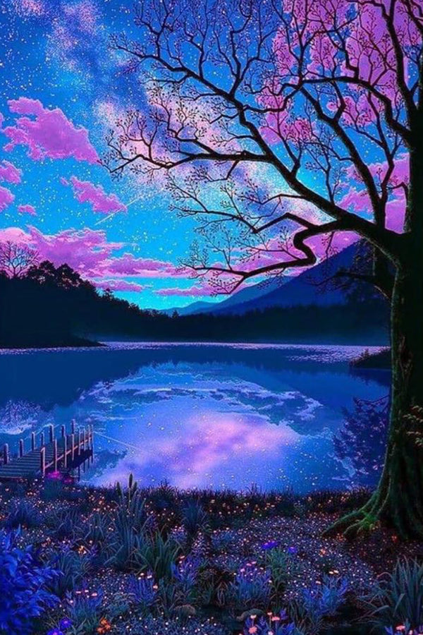 Diamond Painting mit Sternenhimmel über einem Bergsee, großem Baum und spiegelnder Wasserfläche.