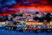 Diamond Painting mit mediterranem Hafenort, Booten und farbintensivem Abendhimmel.