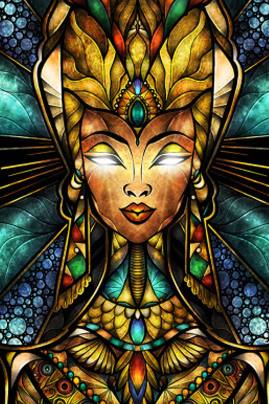 Diamond Painting mit ägyptischer Königin, goldenem Kopfschmuck und leuchtenden Augen im Ornamentstil.
